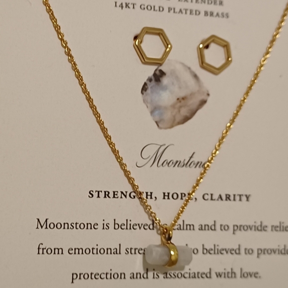 2 PC LUNA NORTE 14K GP HEXAGON EARRINGS & NECKLACES WITH MOONSTONE GEMSTONE - Picture 10 of 12